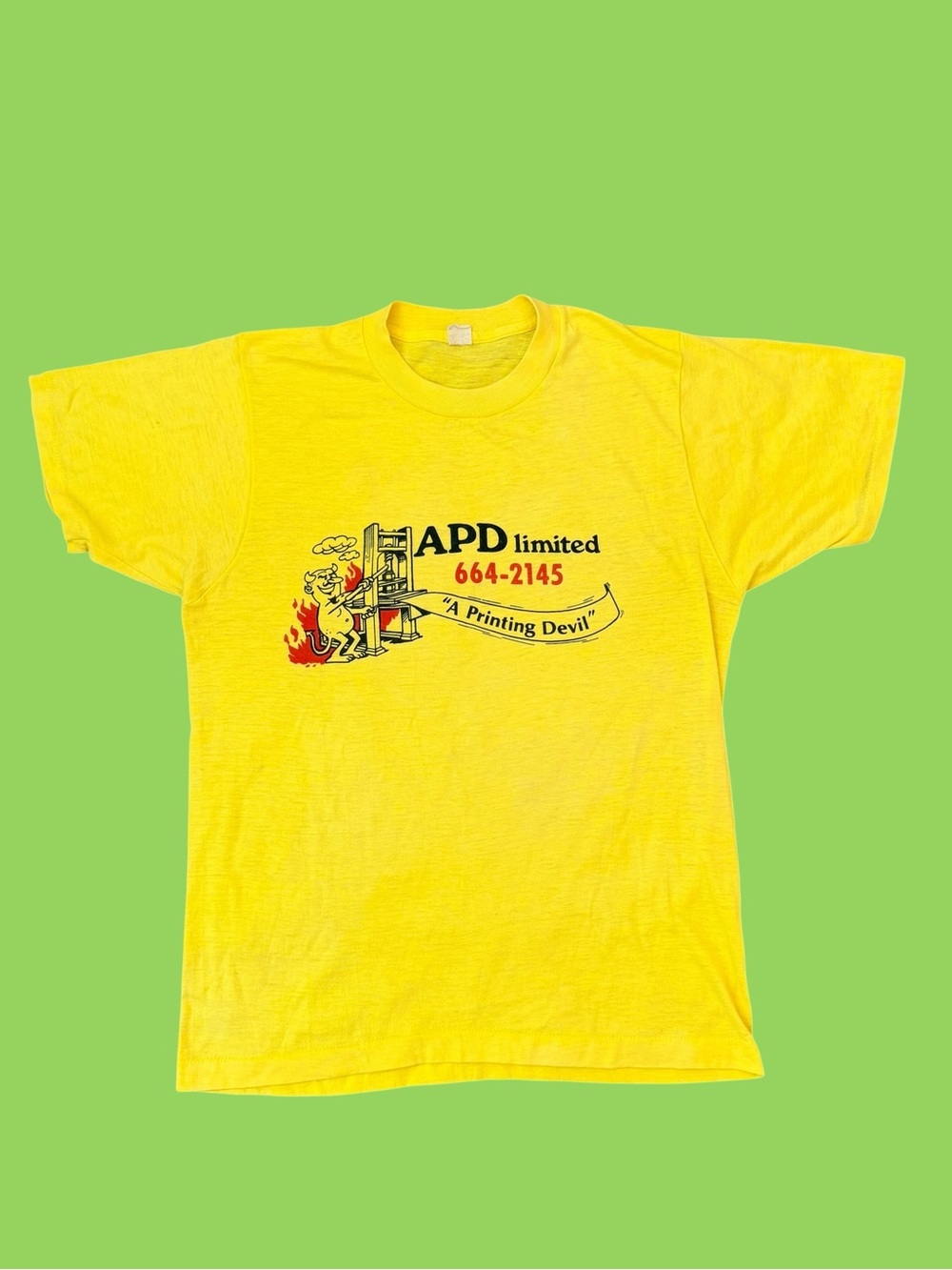 Vintage 70s A Printing Devil Single Stitch Paper Thin Funny Shirt Small Yellow
